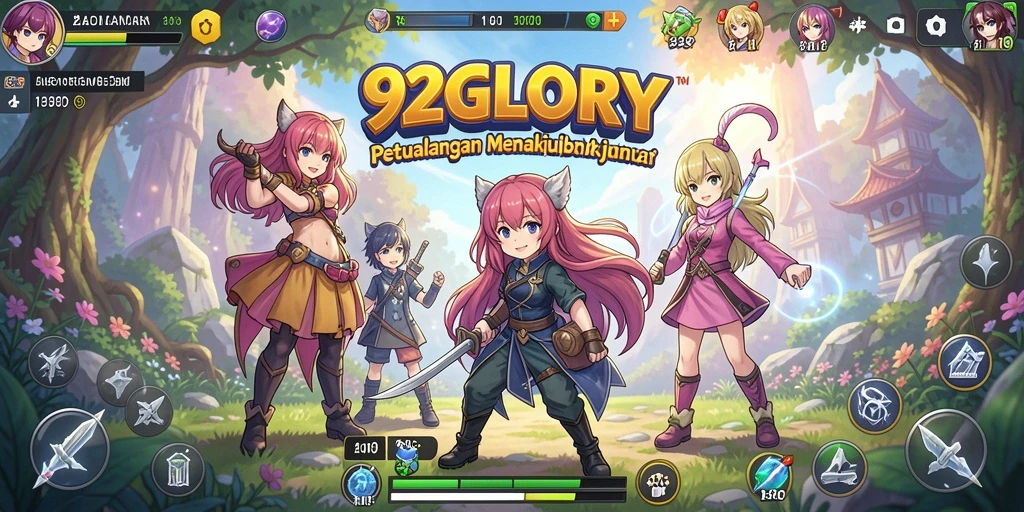 Tampilan gameplay 92GLORY yang penuh warna dan karakter Anime.