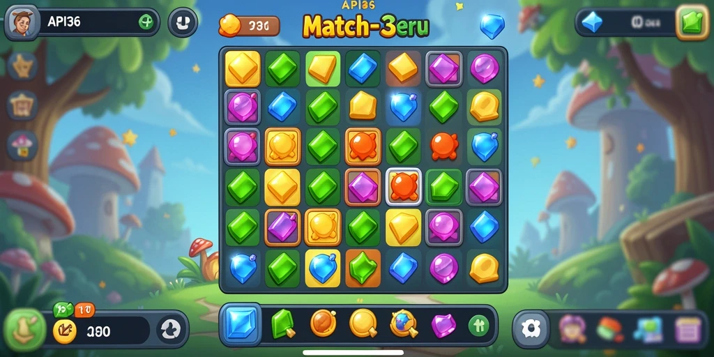 Screenshot utama menunjukkan gameplay seru API36 dengan elemen Match-3.