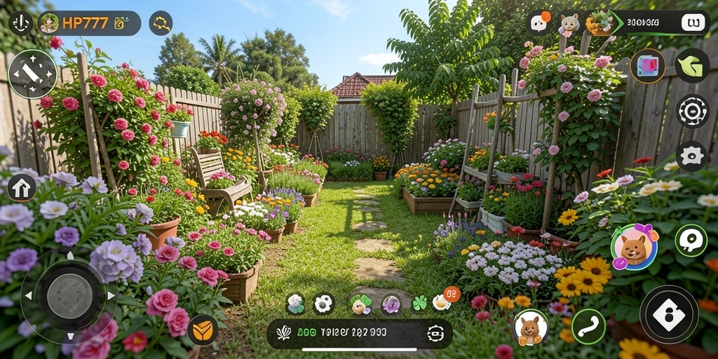 Tampilan gameplay HP777 yang menarik dan penuh warna saat berkebun.