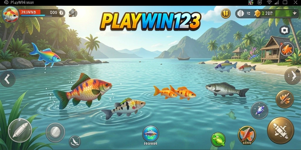 Screenshot menunjukkan momen menangkap ikan di laut yang indah.