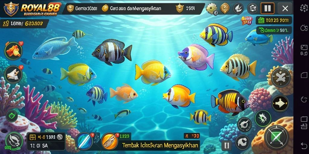 Tampilan gameplay ROYAL88 dengan ikan berwarna-warni dan aksi tembak-menembak.