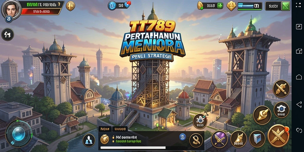 Tangkapan layar utama TT789 menampilkan aksi pertahanan menara yang intens.